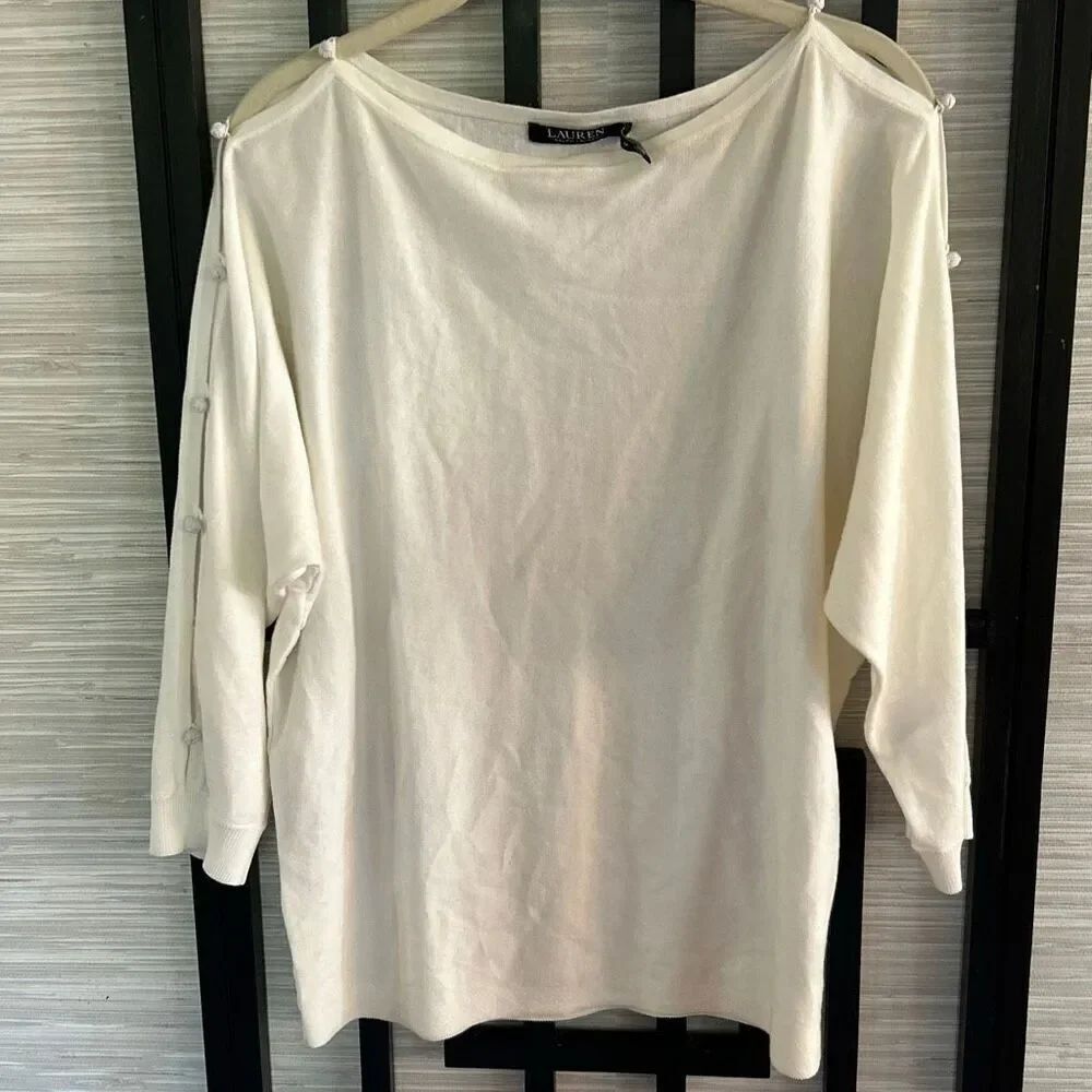LAUREN Ralph. Lauren boatneck lightweight white sweater with button detail sleev